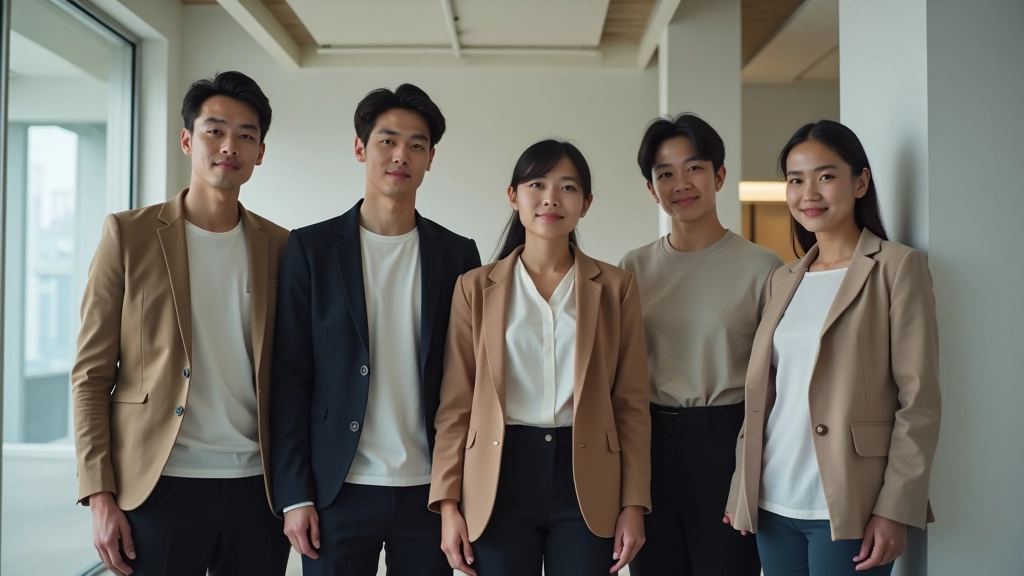 Team of mindfulness facilitators standing together in modern workshop space with calm professional atmosphere