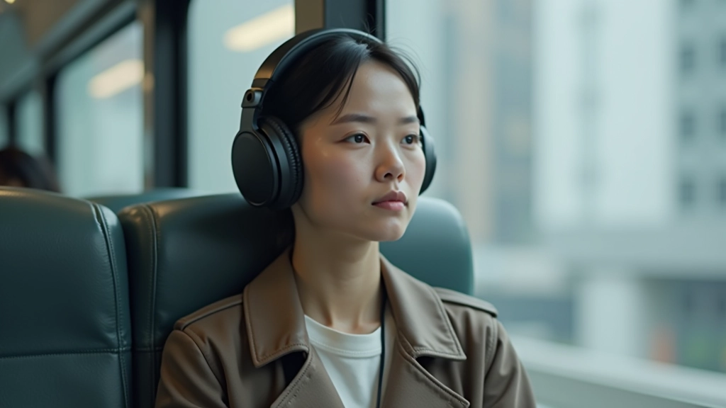 Person wearing noise-cancelling headphones on Hong Kong bus with meditative expression and peaceful demeanor