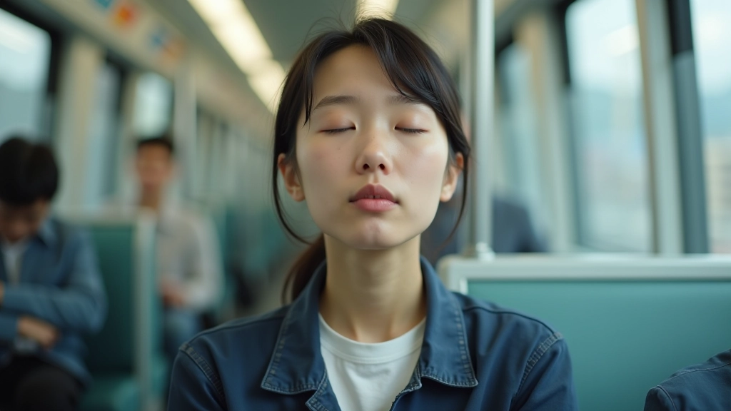 Person practicing box breathing exercises on MTR train during morning commute